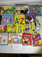 Photo of all 16 children’s board books laid out and stacked showing front covers and titles including Ten Little Ladybugs, Noisy Farm, Ten Jolly Pirates, Unicorns Are Real!, Thank You God from A to Z, A Big Dog, Bluey, I'm Not Pikachu!, A Day With Barney, Potty Book for Boys, Dinosaur Numbers, At the Zoo, Dinosaur Train.