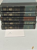 Five hardcover Britannica Great Books volumes stacked showing spines with green, black and brown hues, titles and volume numbers visible.