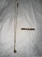 Photo of the necklace and pin together on white background, showing chain and pendant details and pin lettering.