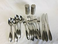 All cutlery items laid out and paired with salt and pepper shakers on white background, showing quantity and type of utensils.