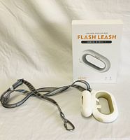 Photo of the smart dog leash next to its product box showing the full leash and handle with LED light unit attached.