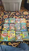 Photo of all 12 books laid out on patterned carpet showing front covers including 11 Captain Underpants books and 1 Super Diaper Baby book