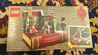 Front of the unopened Lego 40410 Christmas Carol Charles Dickens set box showing the build and 3 minifigures.
