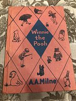 Front cover showing coral cloth boards with navy line drawings of characters, title and author.