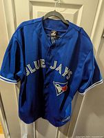 Front of Toronto Blue Jays baseball jersey featuring BLUE JAYS text and team logo with blue jay and maple leaf, on hanger, showing button-up front and blue color with white trim.