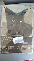 Front view of bronze metal sign showing black cat design and text 'Hello Sweet Cheeks'