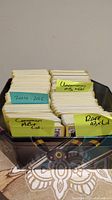 Image of multiple stacks of Pokémon cards in a box, organized by labeled dividers: '2014-2016', 'Uncommon AB + Col', 'Common AB + Col', 'Rare AB + Col'. Cards in good condition visible in various stacks.