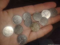 Hand holding 12 Canadian 5 cent nickels showing obverse and reverse sides with beaver design and denomination.