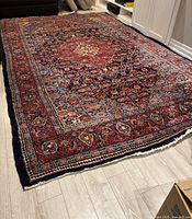 Full view of the rug laid out on the floor showing central medallion and borders