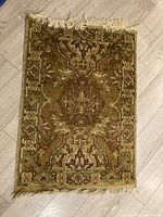 Top-down photo of small decorative rug showing detailed pattern and fringe edges.