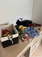 Overview of dog clothing and accessories including toys, harnesses, boots, and shirts arranged on a surface