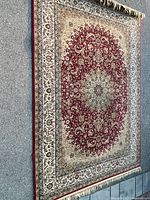 Carpet rug laid flat on the ground capturing the full rectangular shape and design, showcasing the intricate central medallion and border pattern.