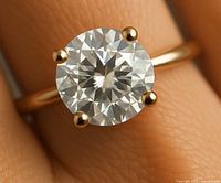 Close-up on finger showing 6-prong setting and round moissanite center