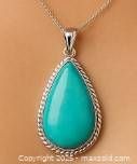 Front view of teardrop-shaped Larimar gemstone pendant with silver rope-style bezel setting.