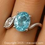 Close-up photo of silver ring on finger with oval and marquise blue topaz stones showing detail and color.