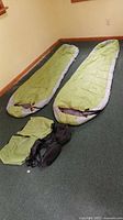 Two green mummy sleeping bags laid out with two stuff sacks beside