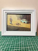 Front view showing framed oil painting subject details