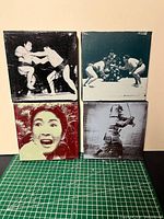 Front view of all four canvases showing images and colors