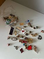 Wide shot of assorted pins spread on surface with bag of additional pins and clasps