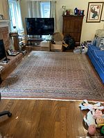 Full view of rug placed on hardwood floor in living room, showing overall appearance