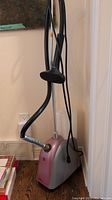 Full view of the Scunci garment steamer showing pink and gray base, hose, black steamer head, and metal rod