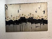 Frontal image showing entire abstract canvas painting with black horizontal band and butterfly motifs on a beige background.