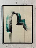 Framed acrylic painting with abstract black and teal brushstrokes on canvas, signed by the artist.