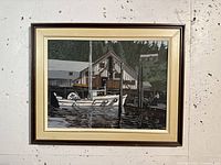 Full front view of the framed acrylic painting depicting a boat and boathouse scene