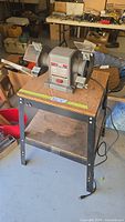 Full view of the Craftsman bench grinder mounted on a black metal stand with wooden shelf, showing overall condition and setup.