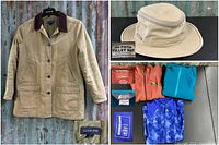 Lands’ End olive green canvas jacket with brown corduroy collar and visible wear alongside beige Tilley hat and folded fleece items in red, blue, and patterned blue.