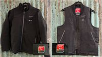 Collage showing front of black Milwaukee M12 heated jacket and vest with inset tag images