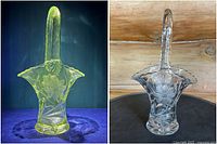 Front and side views of the vintage uranium glass basket showing clear glass with floral etching and ribbed handle