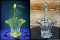 Front and side view of vintage uranium glass basket under normal and UV light showing texture and decorative details.