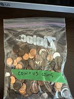Ziploc bag labeled 'CDN + US coins' filled with assorted coins mostly pennies, nickels, dimes, quarters