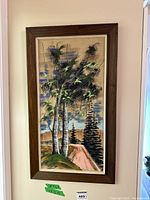 Full view of framed painting featuring birch and pine trees on a linen canvas with natural texture visible.