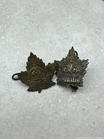 Front view of two WW1 Canadian Expeditionary Force general service collar badges shaped like maple leaves, showing a crown and 'CANADA' text.