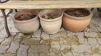 Three round clay plant pots shown side by side on outdoor ground with dried leaves inside