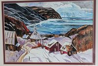 Full view of framed painting showing snowy coastal village scene
