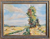 Full view of oil painting showing rural landscape with path, trees, fields, distant houses, and sky, framed.