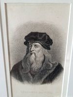 Black and white engraved portrait of Leonardo da Vinci with detailed hair, beard, and clothing.