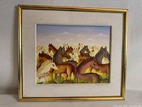 Framed painting of multiple horses in a field with sky background, signed Louis Rosemont 1985.
