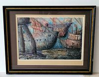 Full view of a framed crayon and oil painting showing ships on water in textured style and muted colors.
