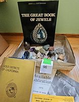 Photo of 'The Great Book of Jewels' standing behind a box of various mineral and rock specimens along with multiple publications related to gold districts and geological topics.