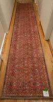 Full length view of the Persian design long red hall runner rug laid on wooden floor in a narrow hallway.