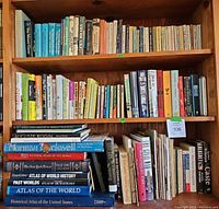 Shelf view showing a wide variety of hardcover and paperback books including world atlases and art books.