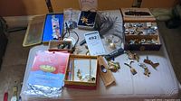 Full view of assorted jewelry and repair kits arranged on a cushion showing earrings, pins, chains, and kits