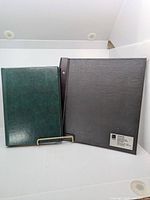 Smaller green and larger gray film photography albums side by side showing size difference and condition