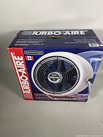 Photo of the Turbo-Aire Seabreeze fan box showing the front and side view with fan image and branding.