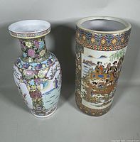 Both 18 inch chinoiserie hand painted porcelain vase and umbrella stand shown together with detailed decoration, natural crackle glaze visible.