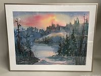 Framed watercolour painting showing the full artwork with sunset and trees.
